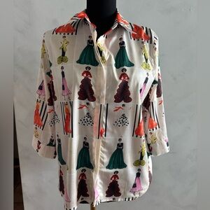 Silk-Feel Vintage Fashion Print Button-Up Blouse in Ivory